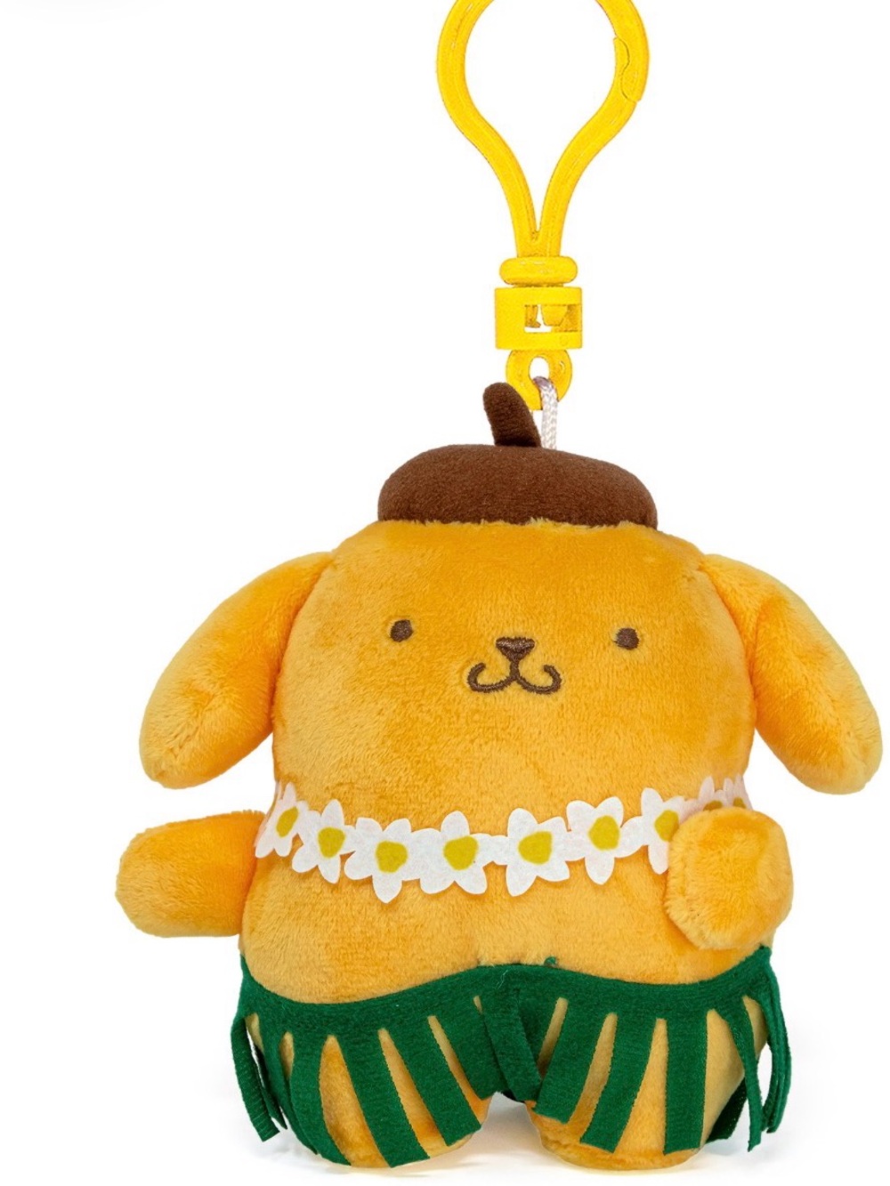 Sanrio Pompompurin pendant Plush Key Clip with Lei and grass Skirt. Hawaii Exc